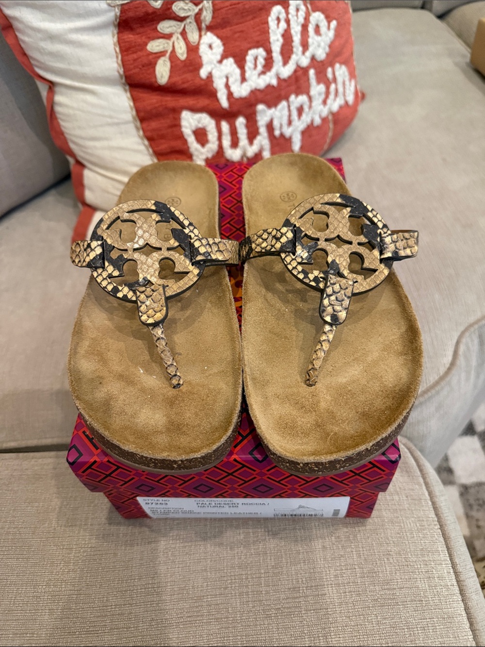 Tory Burch Snake-Print Thong Sandals in Tan and Black
